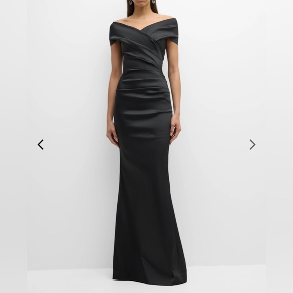Rickie Freeman For Teri Jon Pleated Off-Shoulder Satin Column Gown - Picture 2 of 15